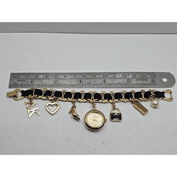 Anne Klein Charm Bracelet Watch Gold Tone Black Chain Purse Charms New Battery main image 4